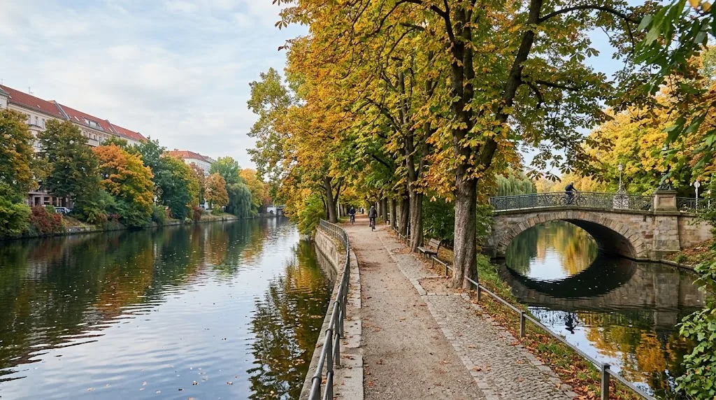 Berlin canal path with golden trees and a stone bridge on a clear September morning.