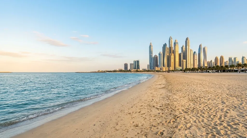 A quiet Dubai beach with a modern skyline in warm late afternoon light.