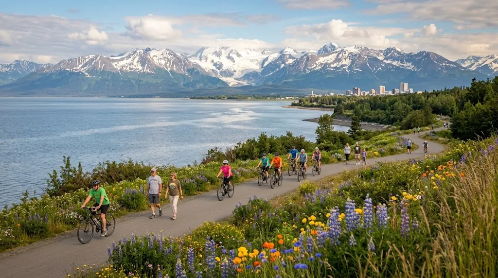Coastal trail in Anchorage, Alaska on a warm July day
