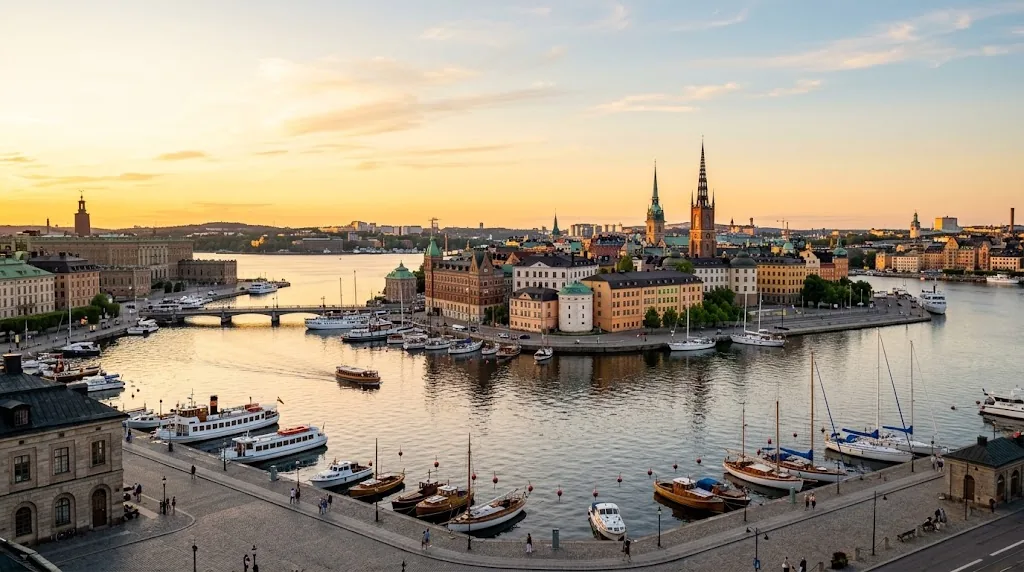Stockholm harbour and old town rooftops glowing in long July evening light.