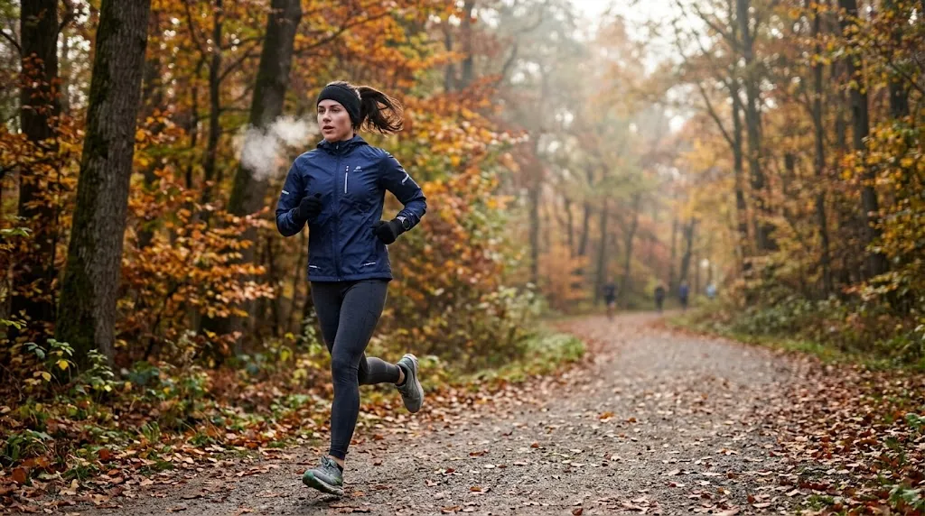 Runner in a light jacket and gloves on a cold 40 degree morning
