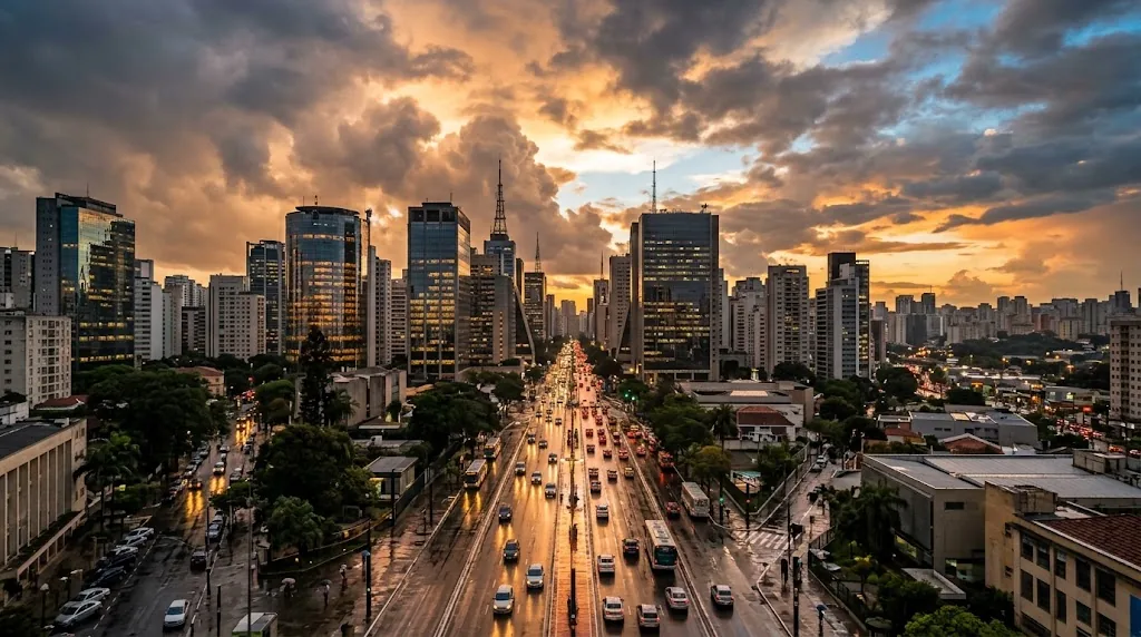 The Sao Paulo skyline and a wet avenue reflecting orange light after summer rain.
