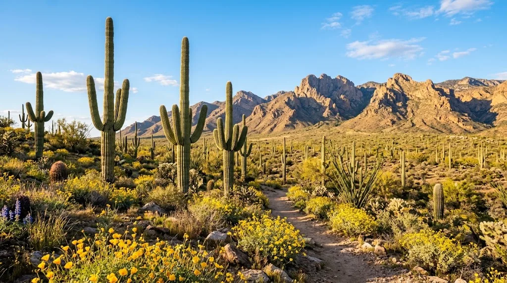 Saguaro cacti and yellow wildflowers in the Arizona desert in spring.