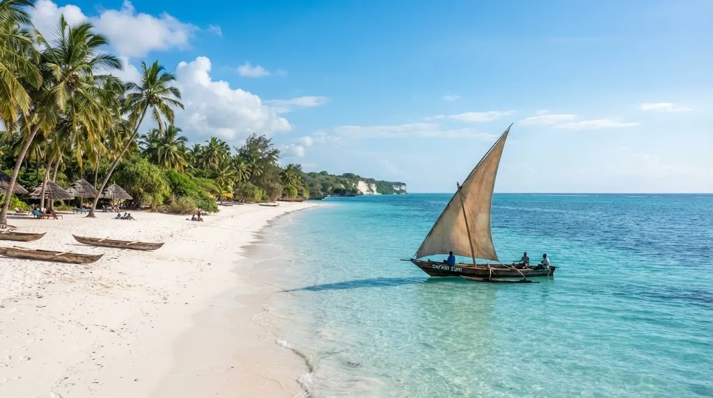 A wooden sailing boat on turquoise water off a white sand beach on the Kenyan coast.