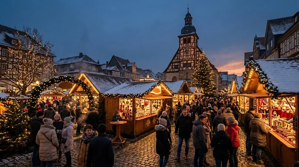 Christmas market stalls glowing at dusk in a German old town in early December.