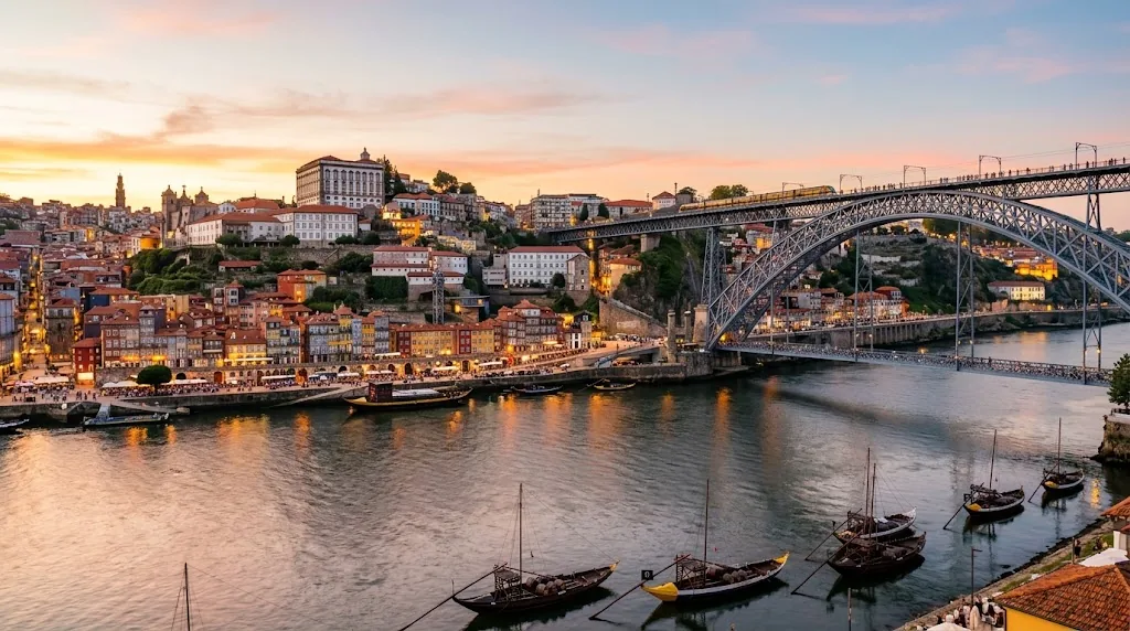 Porto riverfront at sunset with colorful houses, an iron bridge and wooden boats.