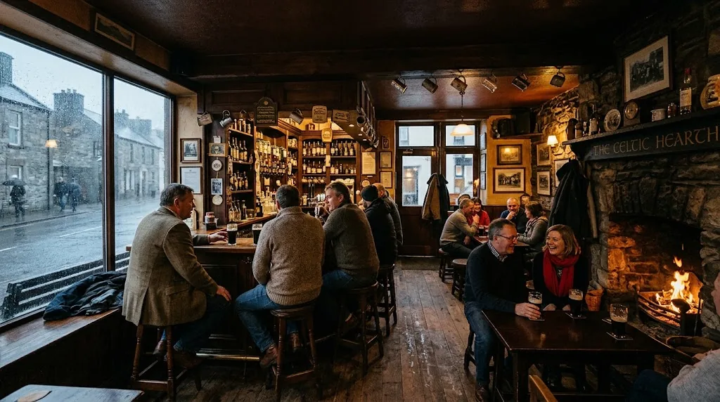 Cozy Irish pub with a fire on a rainy winter day