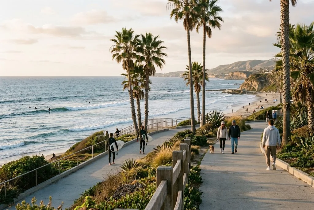 Southern California coastal walkway with palm trees in February