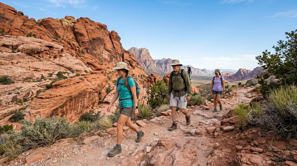 Hikers in sun hats on a Red Rock Canyon trail near Las Vegas
