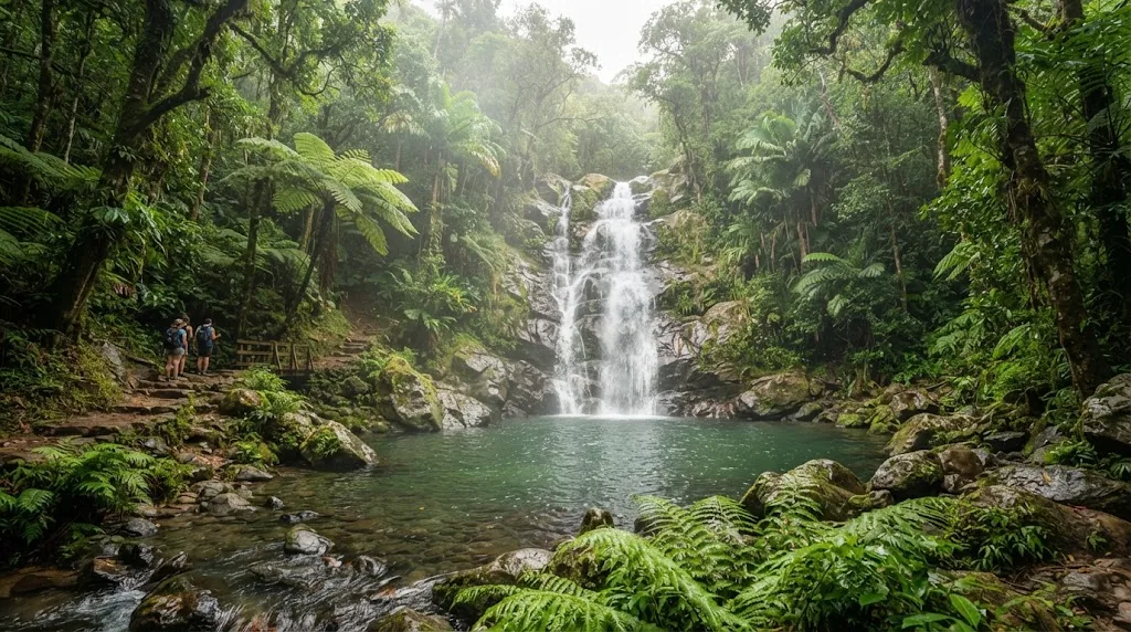 A rainforest waterfall with a natural pool surrounded by ferns in St Lucia.