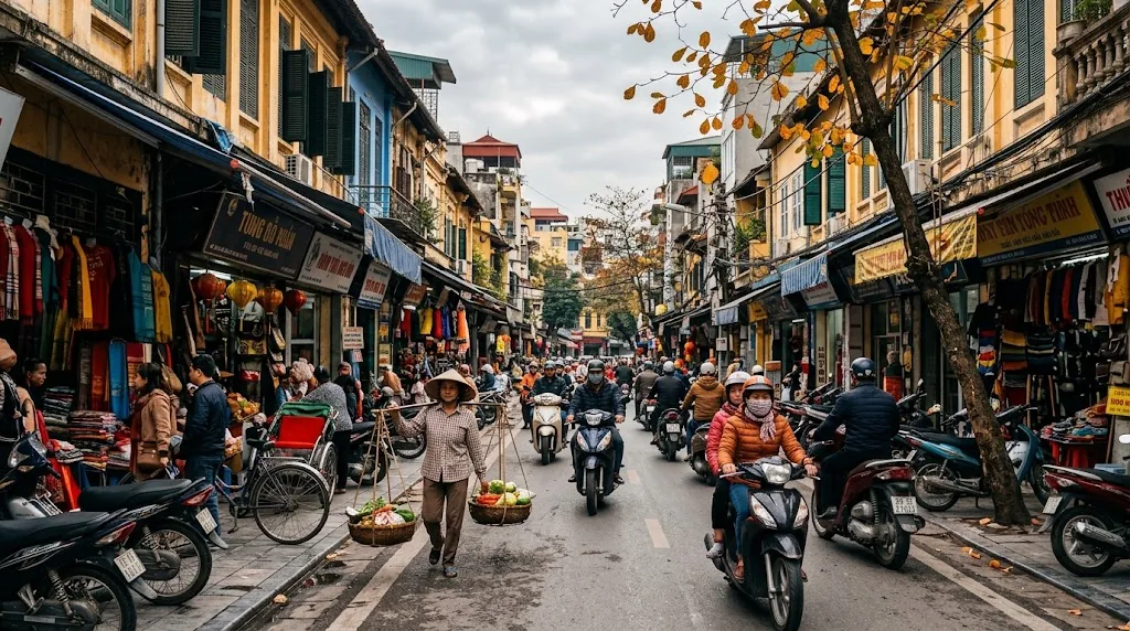 A narrow street in Hanoi's Old Quarter with shopfronts, motorbikes and a vendor in soft autumn light.