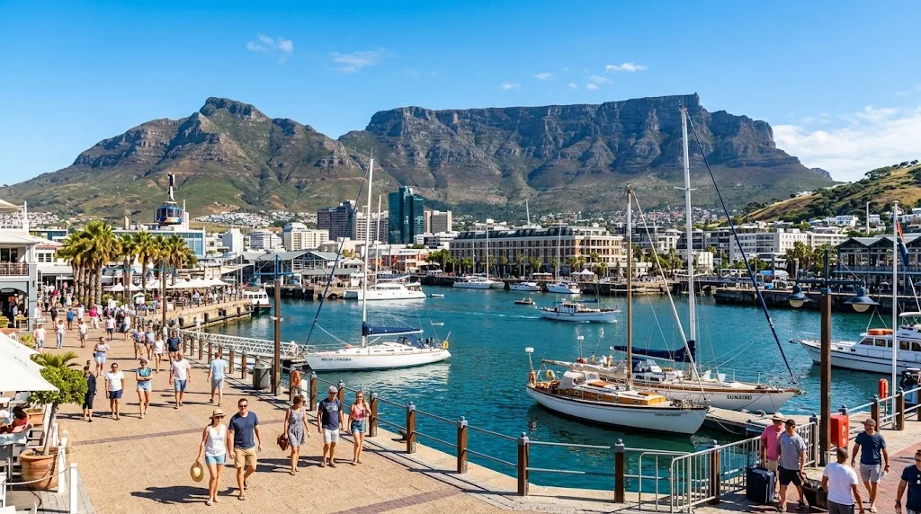 A flat-topped mountain above Cape Town harbour on a clear summer day.