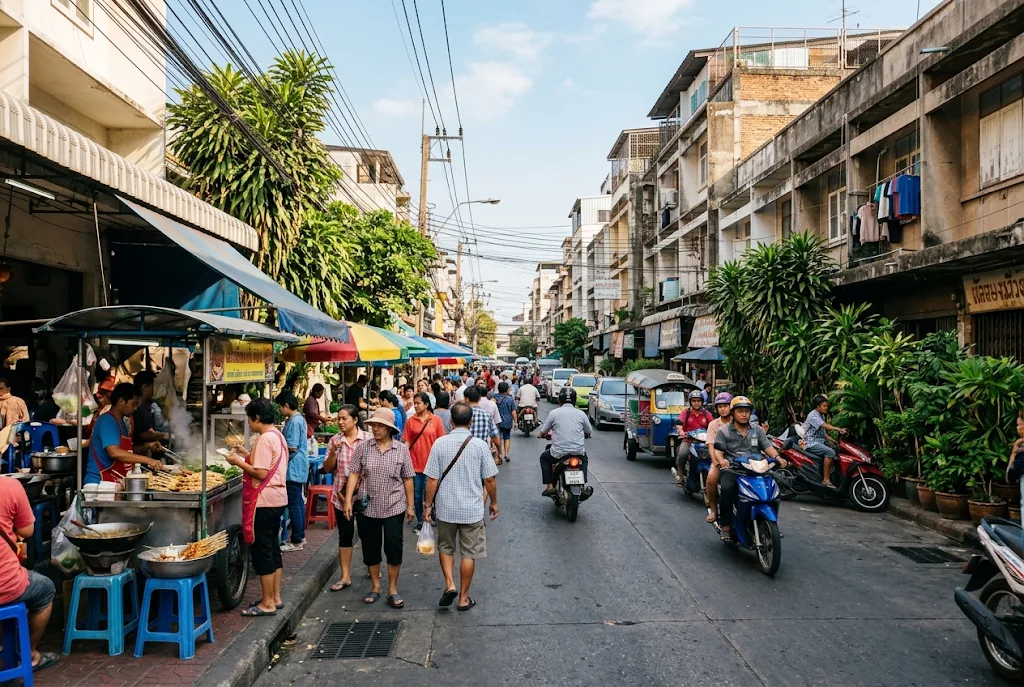 Bangkok street with food stalls and pedestrians in warm January sunshine
