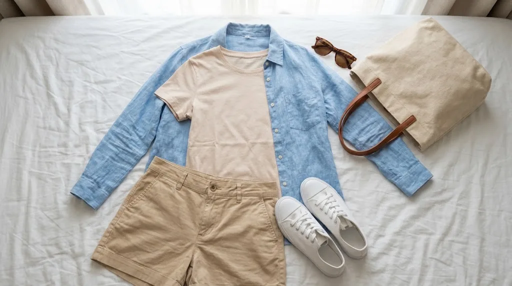Outfit for 70 degree weather laid out on a bed