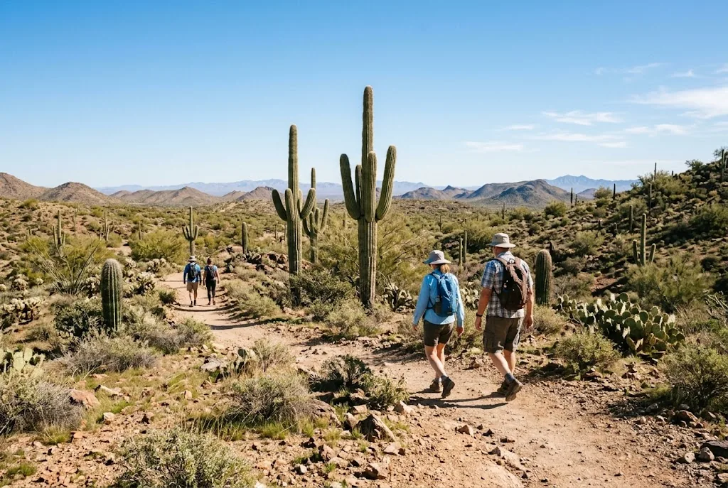 Hikers among saguaro cacti in the Arizona desert in February