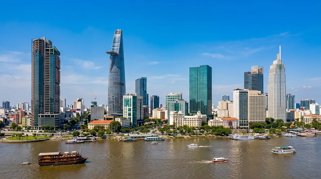The Ho Chi Minh City skyline beside the river under a clear blue sky.