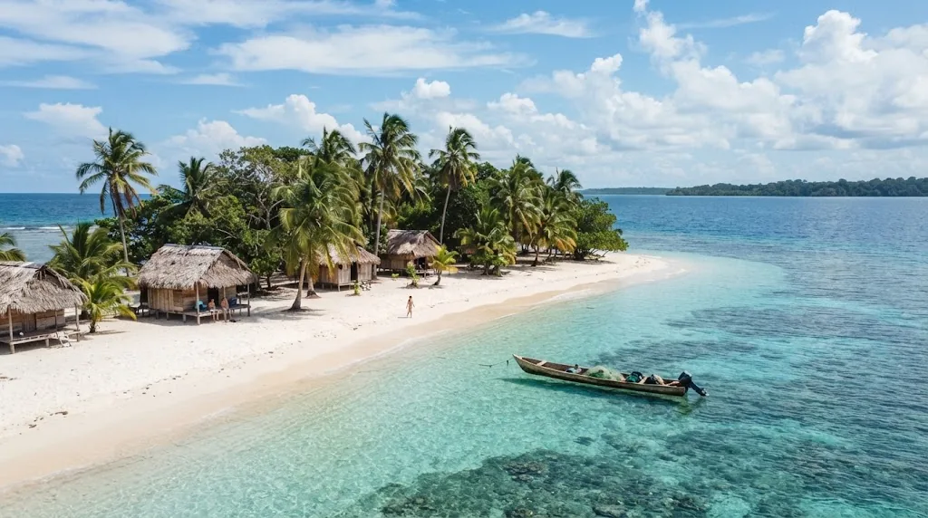 A small palm covered island with wooden huts and turquoise water in Panama.