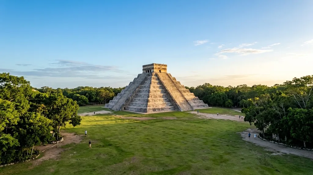 A Mayan stepped pyramid rising above a grass plaza in early morning light.