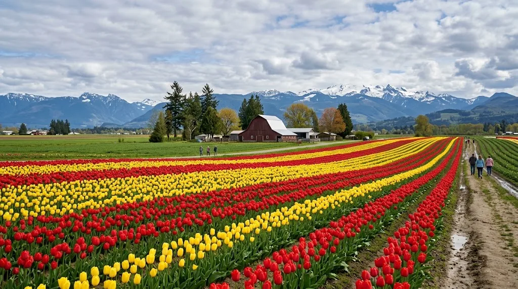 Rows of red and yellow tulips in a Pacific Northwest farm field in April.