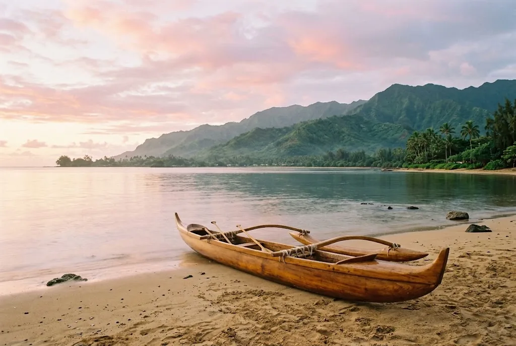 Outrigger canoe on a quiet Hawaiian beach at sunrise