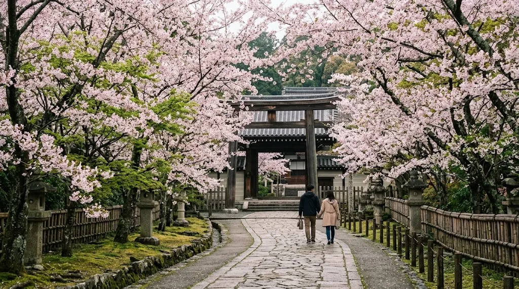 Cherry blossoms along a temple path in Kyoto, Japan in early April