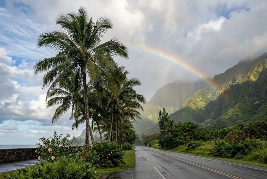 Green Hawaiian mountains with a light rain shower and rainbow in December