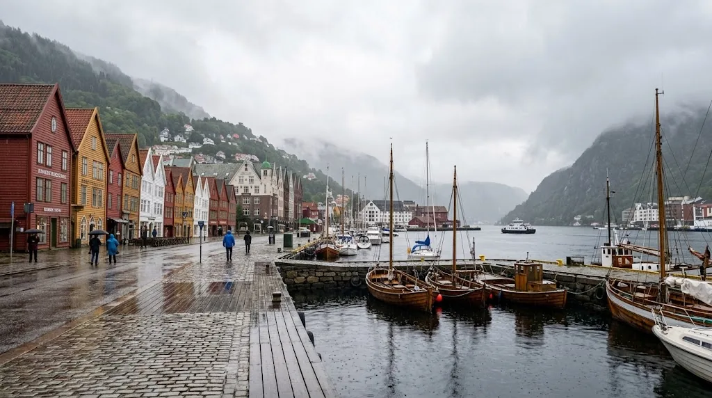 Colorful wooden warehouses along Bergen harbor on a wet autumn afternoon.