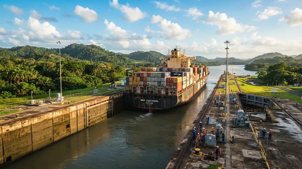 A cargo ship moving through a canal lock with green hills behind.