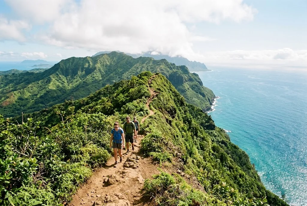 Hikers on a green ridge trail above the ocean in Hawaii