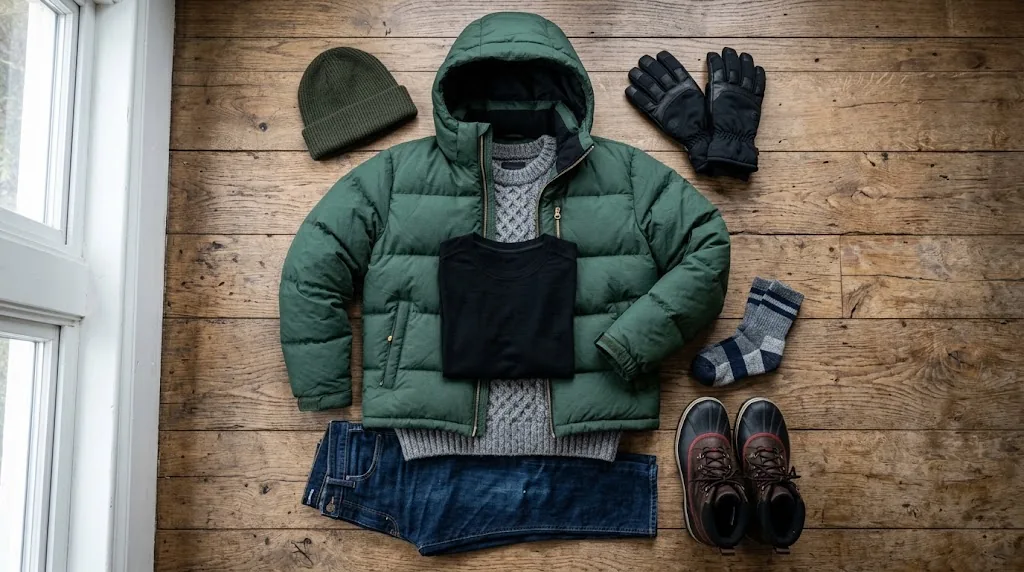 Layered outfit for 40 degree weather laid out on a floor