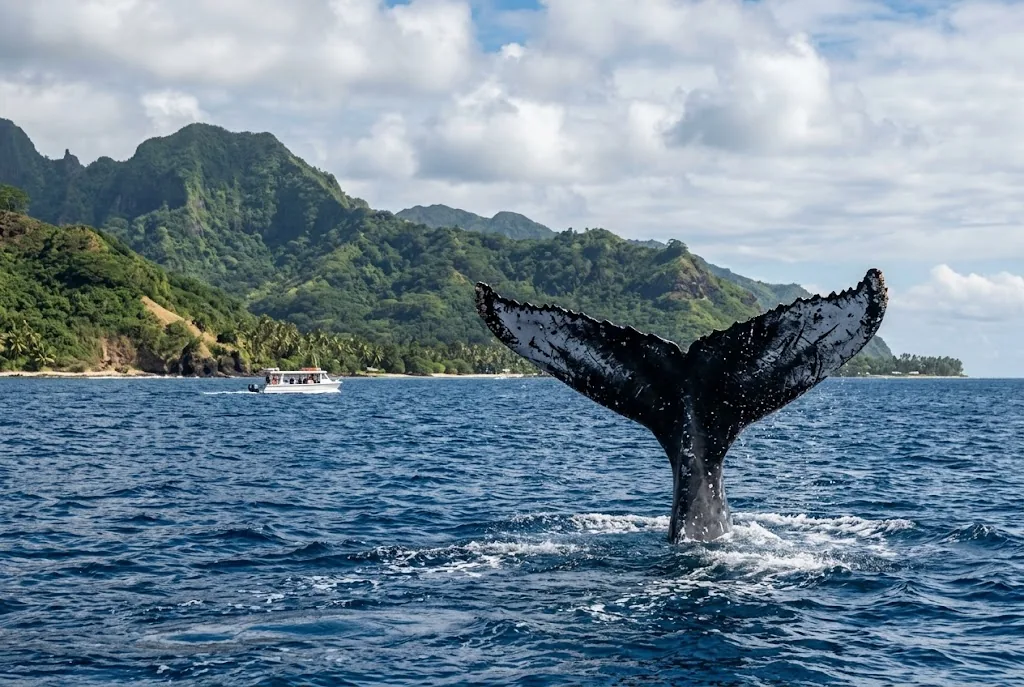 Humpback whale tail in the ocean off a tropical island in January