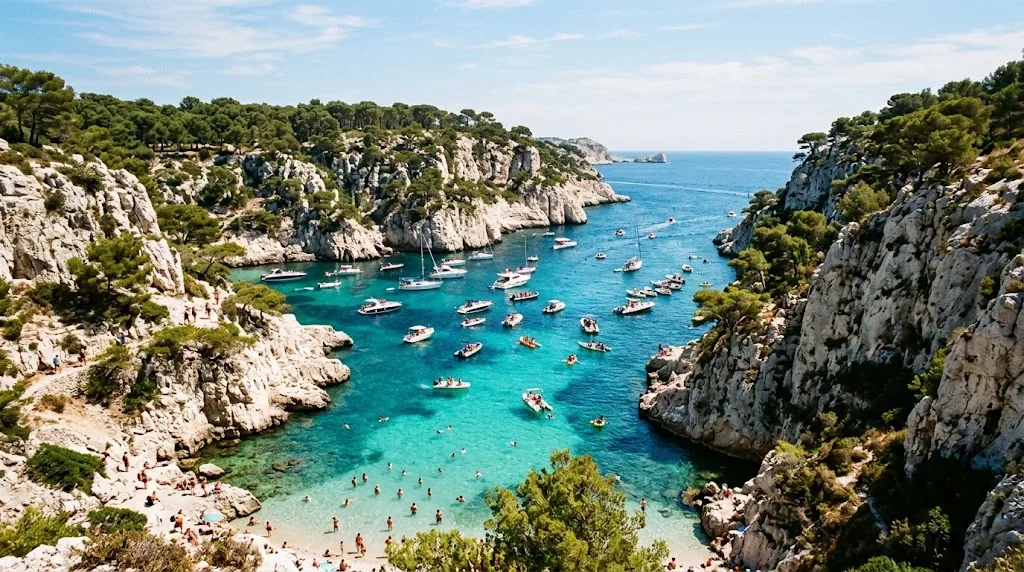 Turquoise water and white limestone cliffs in an inlet near Marseille in summer.