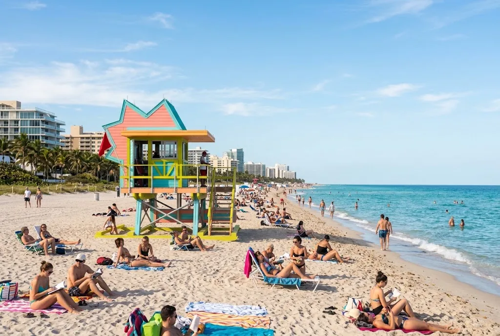 Sunny Miami beach with a lifeguard tower in February