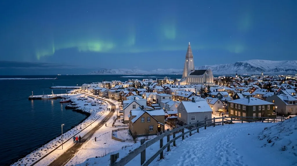 Snowy rooftops in Reykjavik with faint northern lights above the bay.