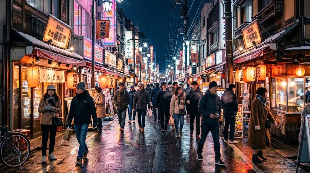 Tokyo street with lanterns at night in winter