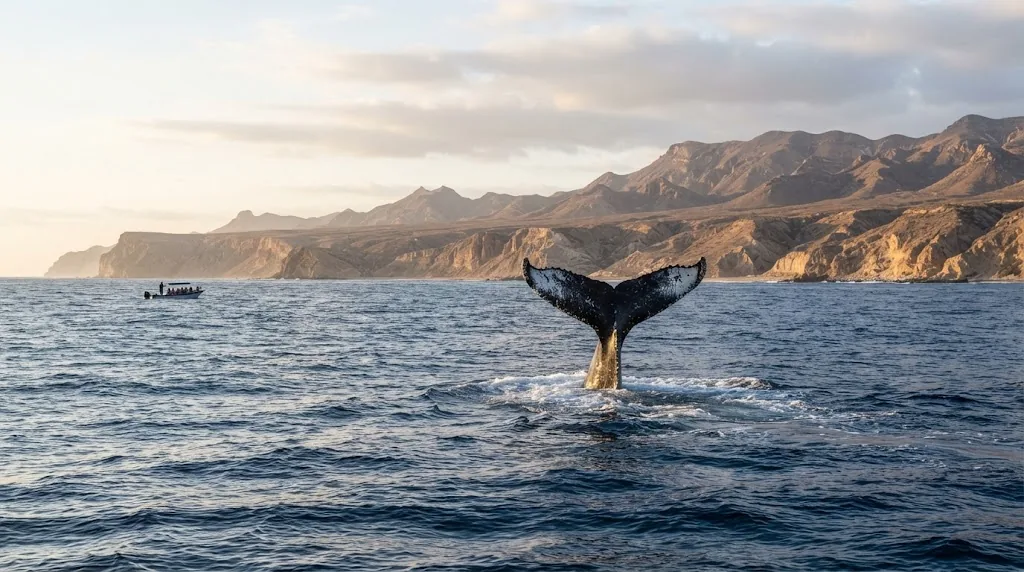 A humpback whale tail above the water off a desert coast in winter.