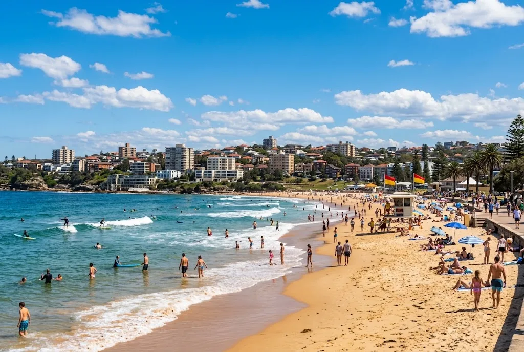 Busy summer city beach with swimmers in February