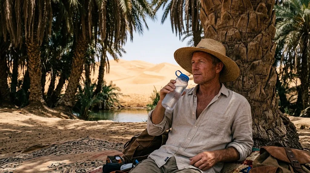 Traveler in the shade of a Sahara desert oasis on a hot day