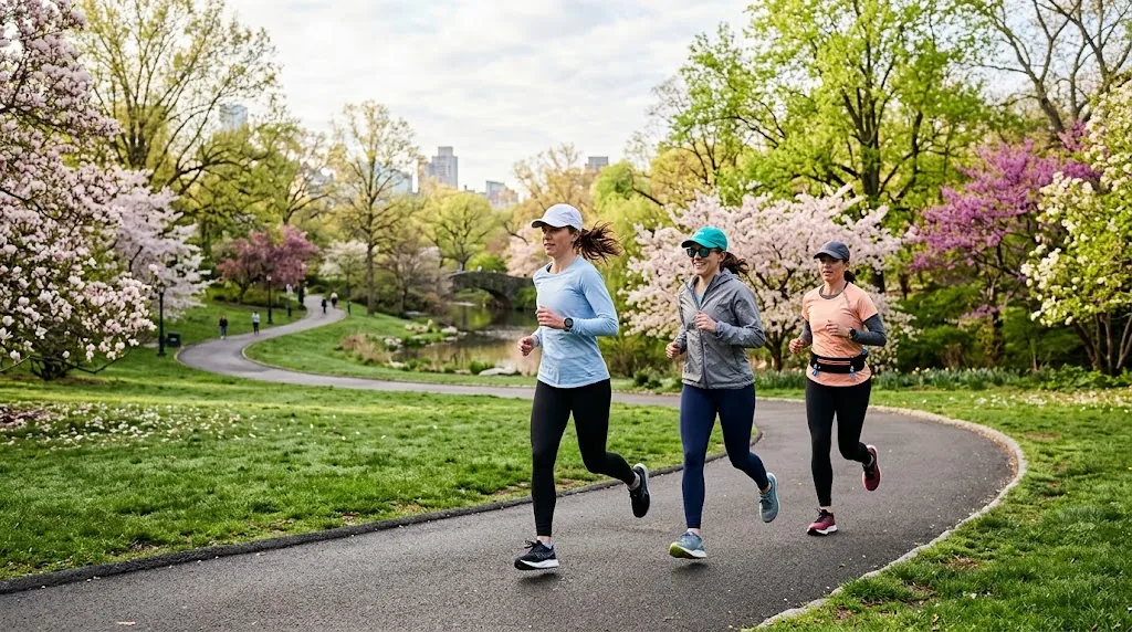 Group of runners in a park on a crisp 50 degree spring morning