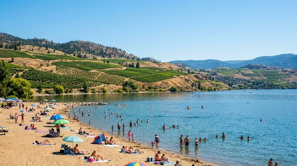 Okanagan Valley lake beach in British Columbia, Canada in summer