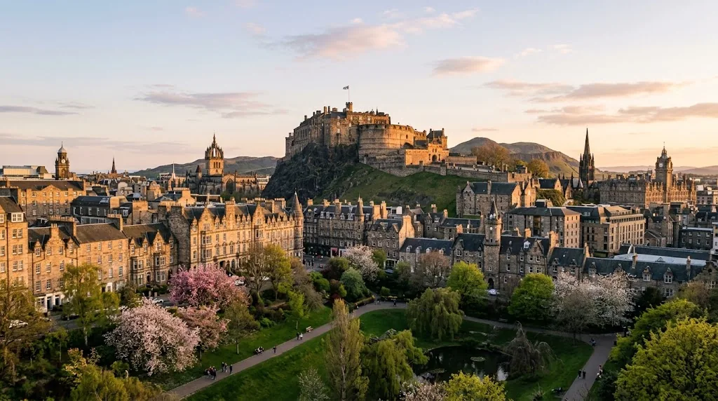 Edinburgh skyline with the castle on its rock on a clear spring evening.