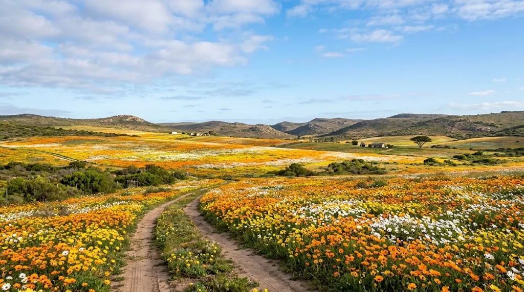 Orange and yellow spring daisies in bloom on a South African hillside.