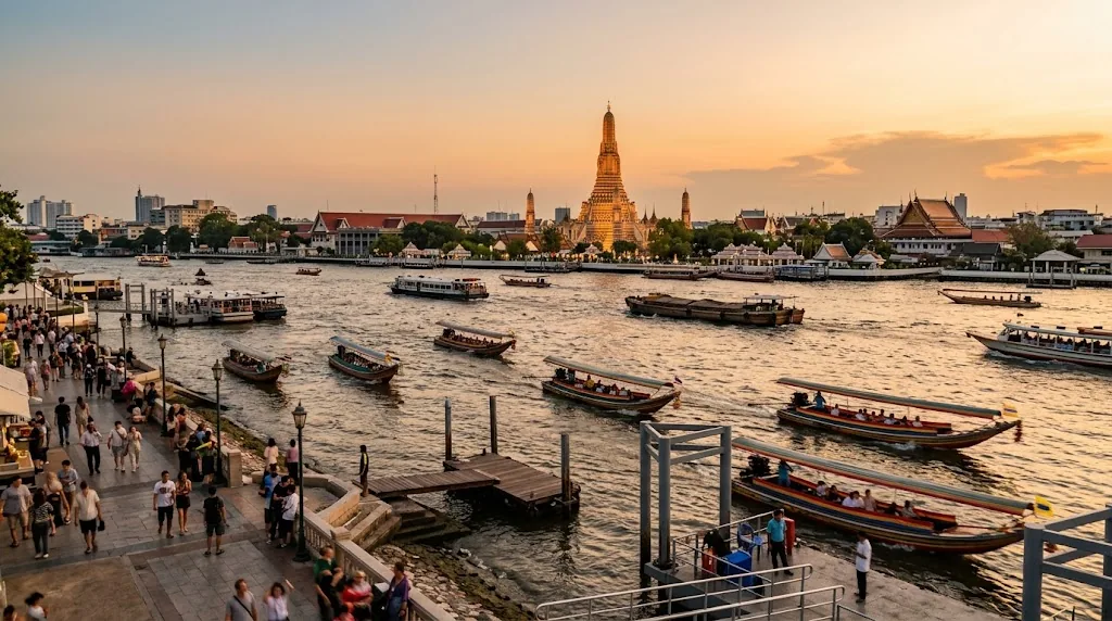 A Bangkok riverside at golden hour with a temple spire across the water