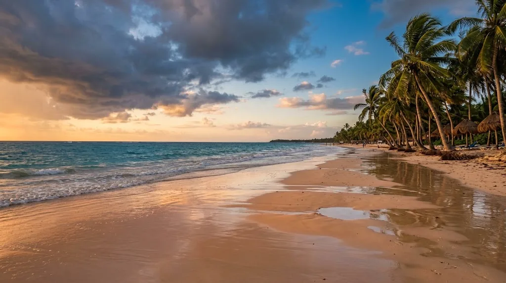 A Caribbean beach in golden light as a rain shower clears over calm turquoise water.