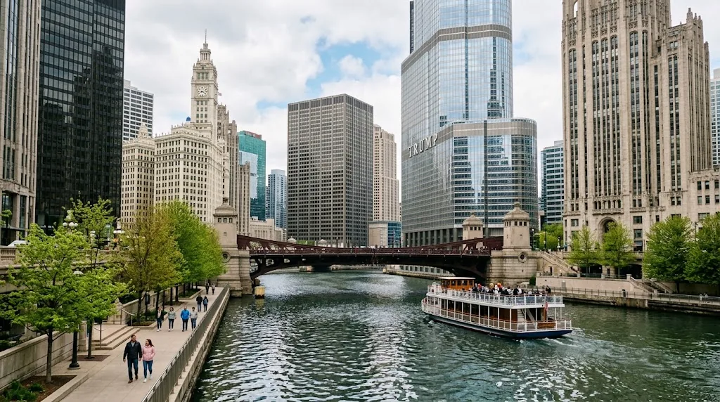 A tour boat on the Chicago River in spring between downtown buildings.