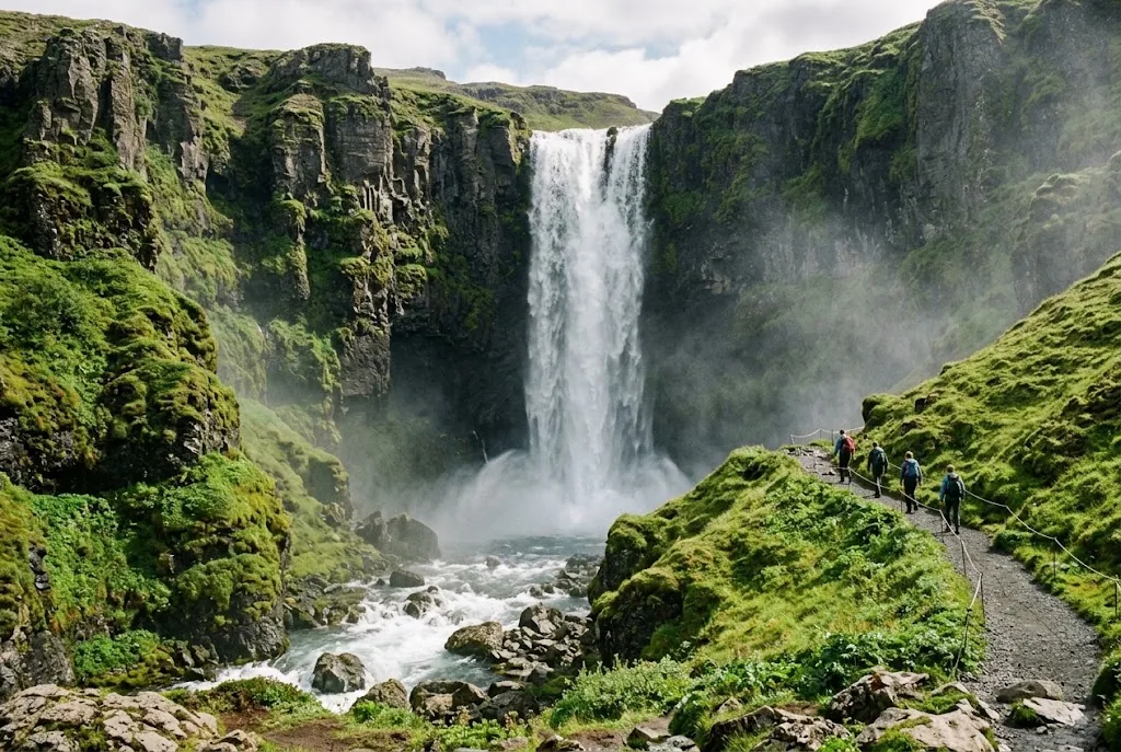 Icelandic waterfall with green cliffs and hikers in summer
