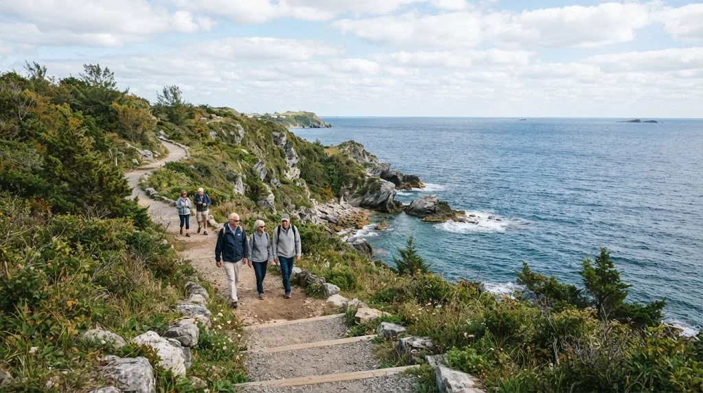 Walkers on a coastal trail above the blue Atlantic in Bermuda.