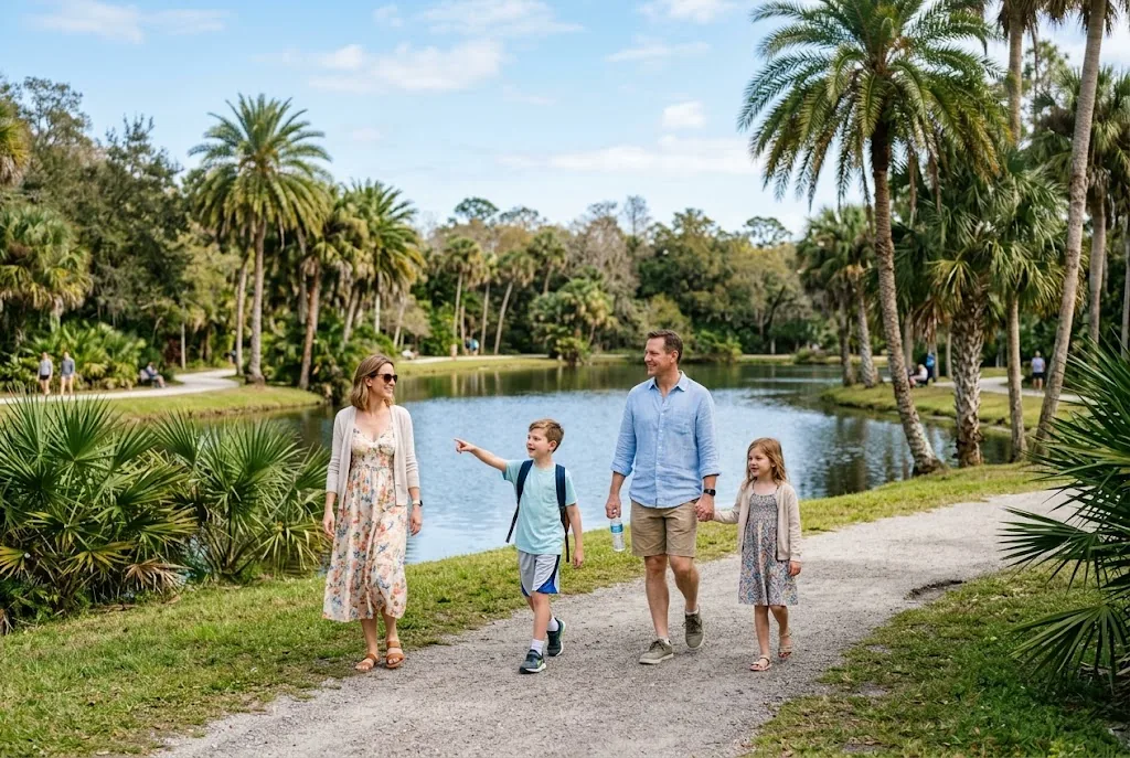 Family in light layers walking in a sunny Florida park in February