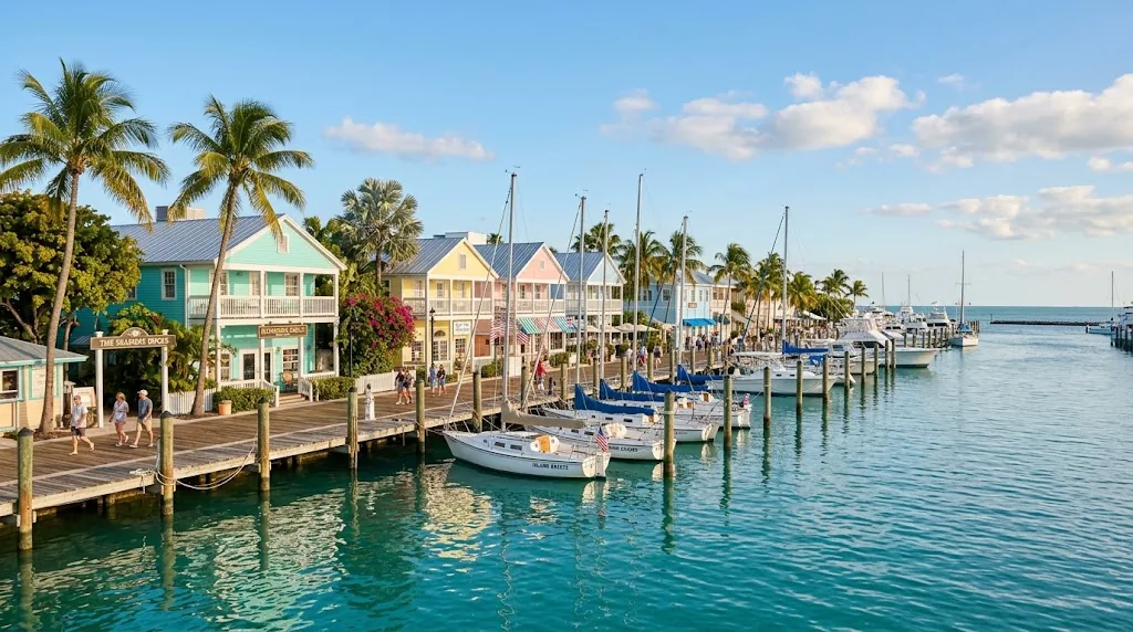 A calm sunny Key West waterfront with palm trees and sailboats in December