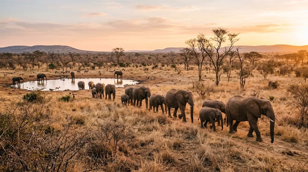 Elephants walking to a waterhole at sunrise in the dry South African bush.